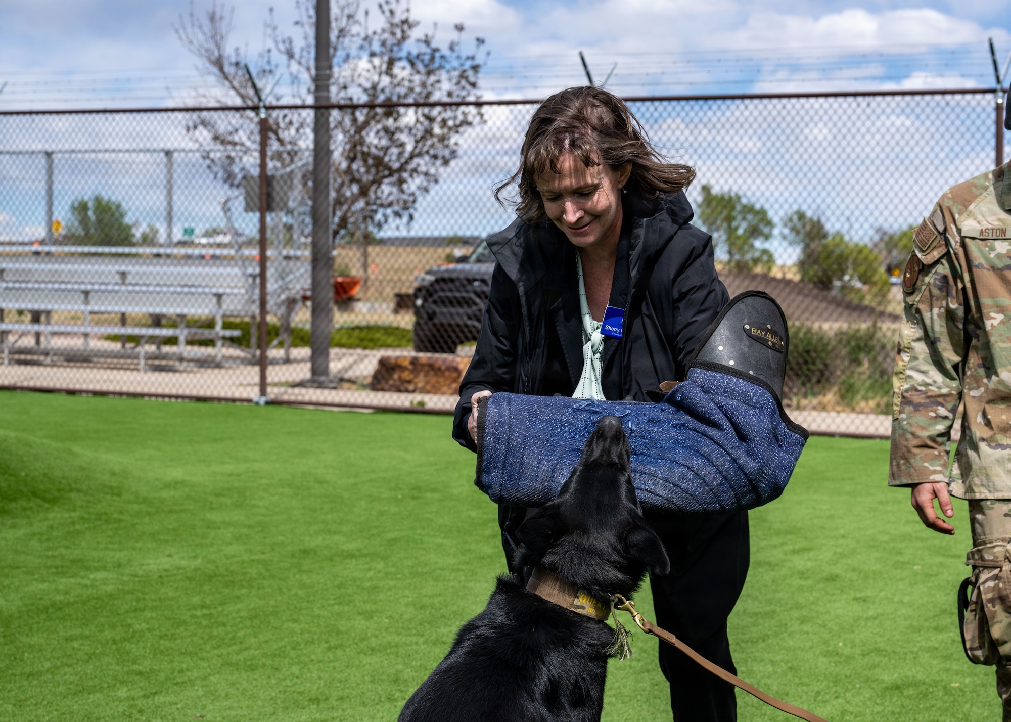 A member of a tour group assists a military working dog in practicing biting techniques.
