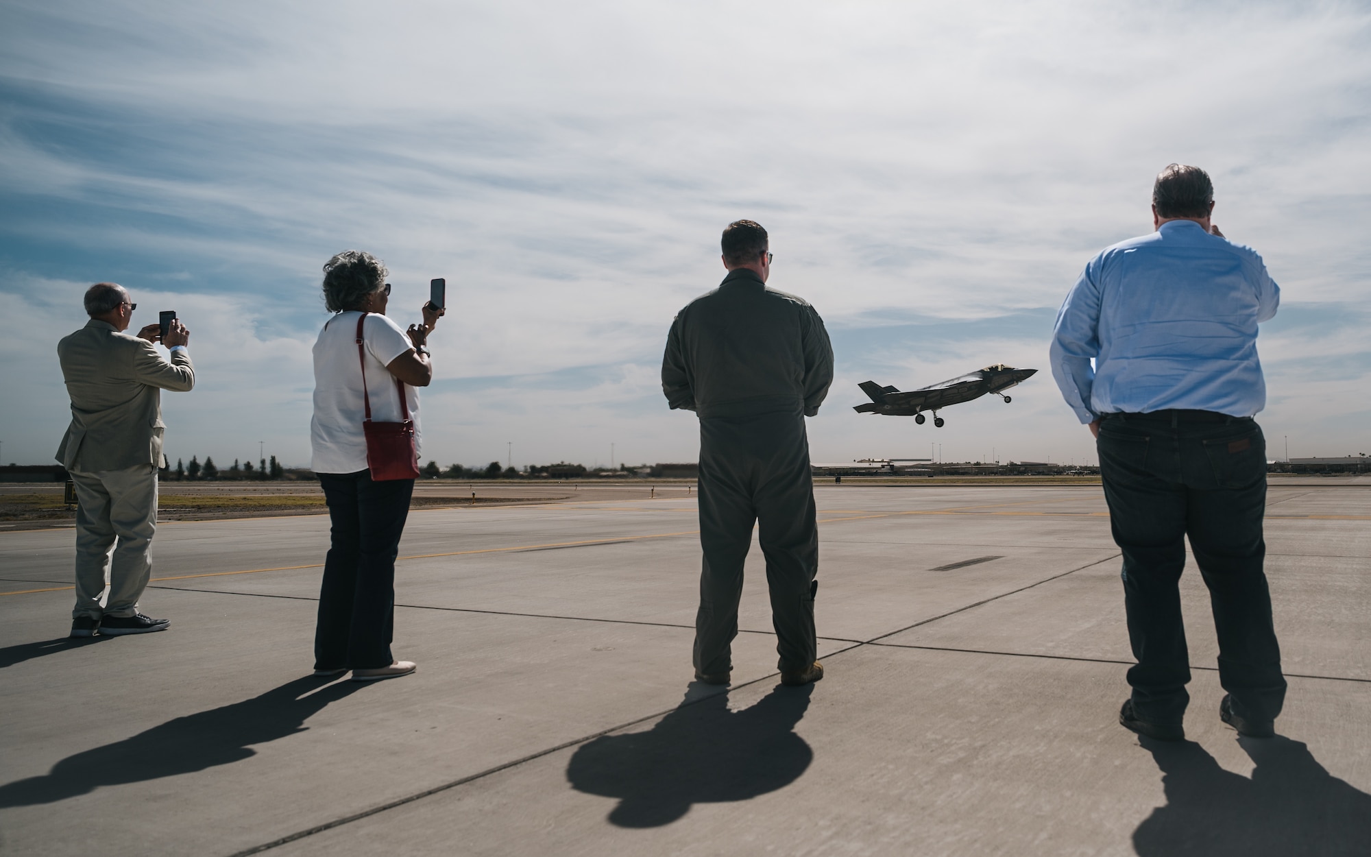 West valley elected officials watch as an F-35A Lightning II assigned to the 56th Fighter Wing takes off for a training sortie during a tour.