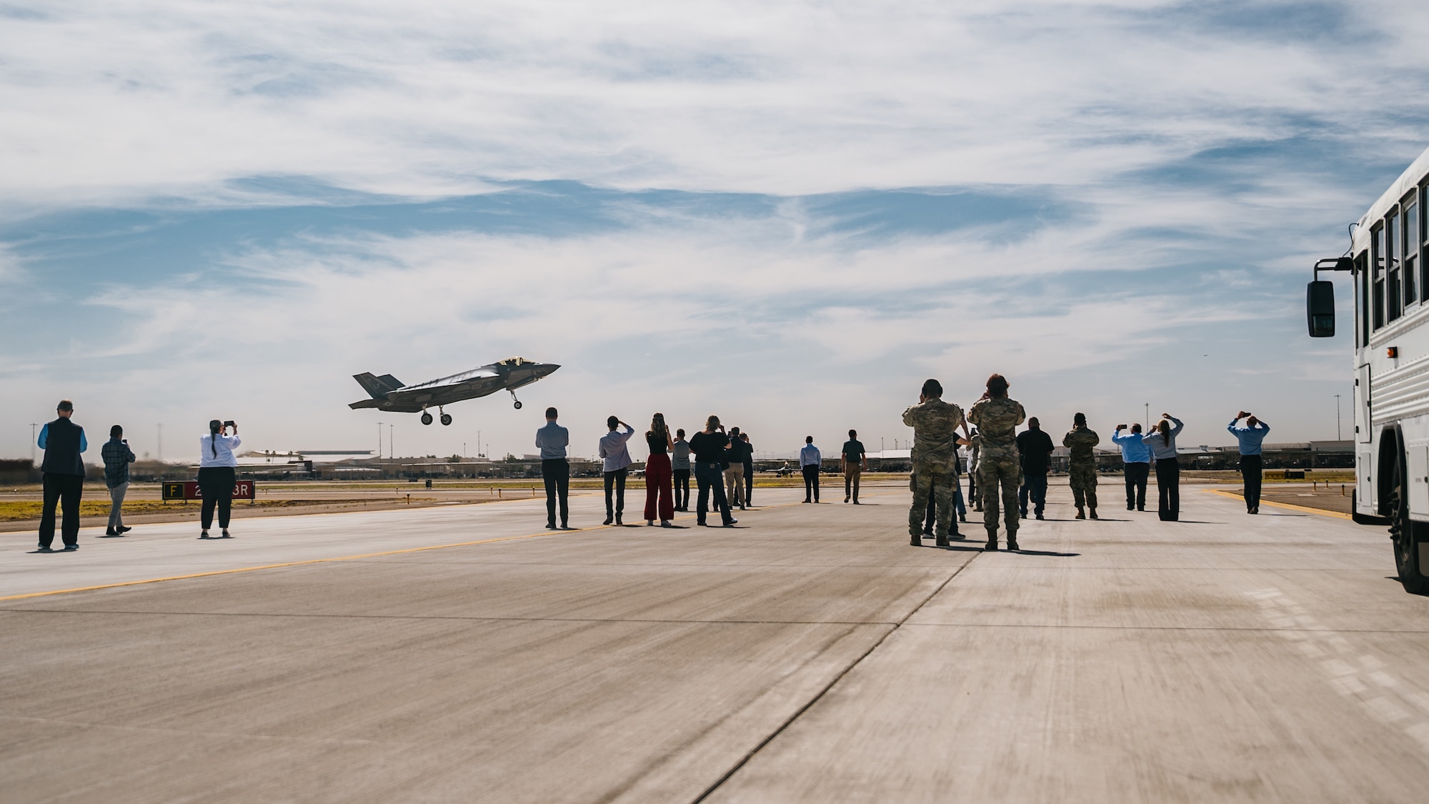 West valley elected officials watch as an F-35A Lightning II assigned to the 56th Fighter Wing takes off for a training sortie during a tour.
