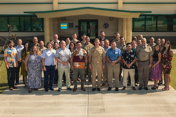 Hon. Kalani Kaneko, minister of foreign affairs and trade for the Republic of the Marshall Islands, meets with U.S. Navy Rear Adm. Josh Lasky, commander, Joint Task Force-Micronesia, at Joint Region Marianas headquarters during the executive Joint Committee Meeting in Guam, April 21, 2026.