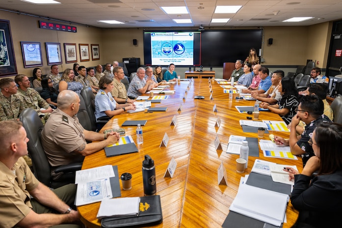 Hon. Kalani Kaneko, minister of foreign affairs and trade for the Republic of the Marshall Islands, meets with U.S. Navy Rear Adm. Josh Lasky, commander, Joint Task Force-Micronesia, at Joint Region Marianas headquarters during the executive Joint Committee Meeting in Guam, April 21, 2026.