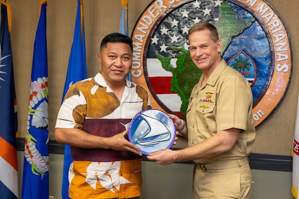 Hon. Kalani Kaneko, minister of foreign affairs and trade for the Republic of the Marshall Islands, meets with U.S. Navy Rear Adm. Josh Lasky, commander, Joint Task Force-Micronesia, at Joint Region Marianas headquarters during the executive Joint Committee Meeting in Guam, April 21, 2026.