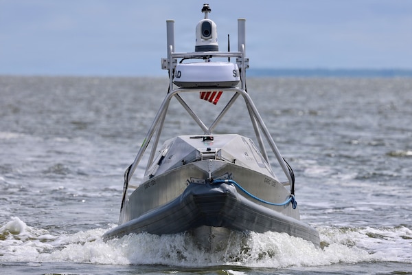 A Global Autonomous Reconnaissance Craft (GARC) participates in a live robotic and autonomous systems (RAS) demonstration with Commander, Task Force (CTF) 66 during Exercise Obangame Express 2026 in Douala, Cameroon, April 25, 2026.