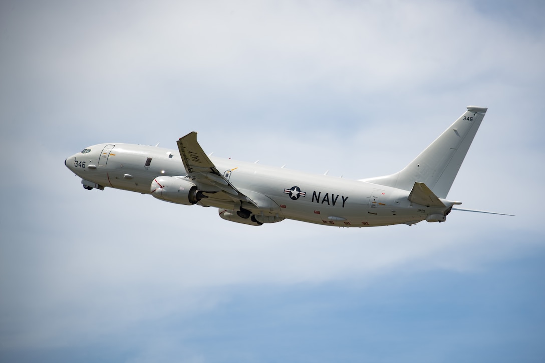 251024-N-ML137-1025 DIEGO GARCIA, British Indian Ocean Territory (Oct. 24, 2025) A multi-mission maritime patrol and reconnaissance aircraft P-8A Poseidon assigned to “The Skinny Dragons” of Patrol Squadron (VP) 4 takes off from U.S. Navy Support Facility Diego Garcia for a bilateral combined detachment and training with the Indian Navy, Oct. 24, 2025. The combined detachment focused on antisubmarine warfare and maritime domain awareness to strengthen and refine the interoperability between the U.S. and Indian navies. (U.S. Navy photo by Mass Communication Specialist 1st Class Samantha Jetzer)
