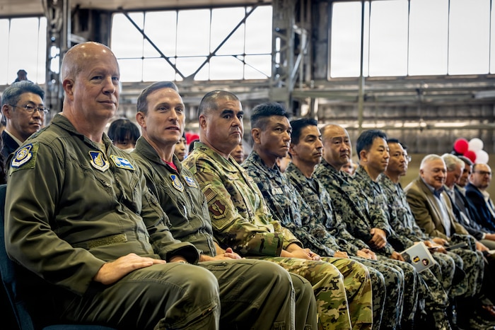 Leadership assigned to the 35th Fighter Wing (FW), Fifth Air Force, and the Japan Air Self-Defense Force attend a U.S. Air Force F-35 Lightning II ribbon-cutting ceremony at Misawa Air Base, Japan, April 24, 2026. The ceremony marked the formal integration of the F-35 into the 35th FW, advancing its transition to fifth-generation airpower. (U.S. Air Force photo by Senior Airman Andre Medina)