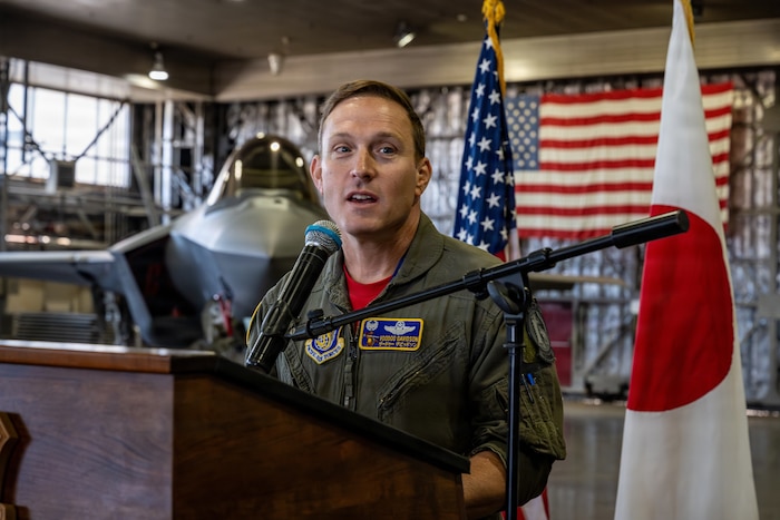 U.S. Air Force Col. Paul Davidson, 35th Fighter Wing (FW) commander, delivers remarks during a U.S. Air Force F-35 Lightning II ribbon-cutting ceremony at Misawa Air Base, Japan, April 24, 2026. The ceremony marked the next step in bringing the  F-35 to Misawa and preparing the wing for future operations. This transition ensures the 35th FW remains ready, adaptable, and aligned with regional security efforts alongside its allies. (U.S. Air Force photo by Senior Airman Andre Medina)