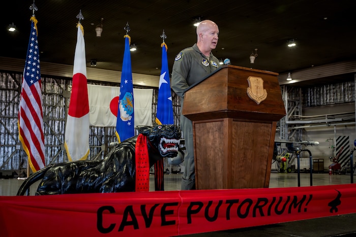 U.S. Air Force Lt. Gen. Joel Carey, Fifth Air Force commander, delivers remarks during a U.S. Air Force F-35 Lightning II ribbon-cutting ceremony at Misawa Air Base, Japan, April 24, 2026. The ceremony marked the next step in bringing the F-35 to Misawa and preparing the wing for future operations. This transition ensures the 35th Fighter Wing remains ready, adaptable, and aligned with regional security efforts alongside its allies. (U.S. Air Force photo by Senior Airman Andre Medina)