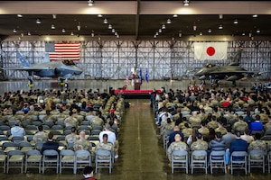 U.S. Air Force Lt. Gen. Joel Carey, Fifth Air Force commander, delivers remarks during an F-35 Lightning II ribbon-cutting ceremony at Misawa Air Base, Japan, April 24, 2026. His remarks highlighted senior leadership’s commitment to the F-35 transition while emphasizing the responsibility that comes with advanced airpower, reinforcing the 35th Fighter Wing’s role in future operations and regional security. (U.S. Air Force photo by Senior Airman Andre Medina)