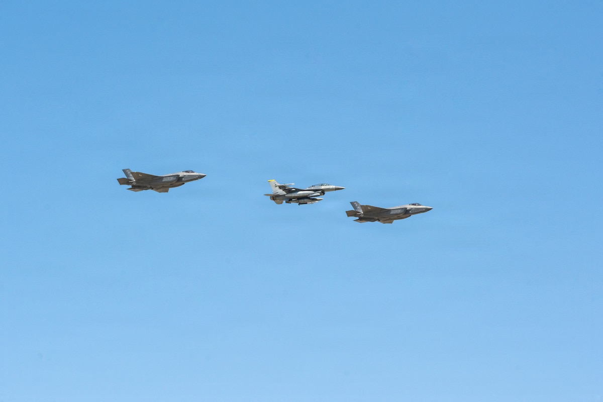 Two U.S. Air Force F-35 Lightning IIs and an F-16 Fighting Falcon assigned to the 35th Fighter Wing (FW) fly in formation over Misawa Air Base, Japan, April 24, 2026. The flyover marked a key milestone in the wing’s transition to fifth-generation airpower, demonstrating the integration of legacy and next-generation capabilities. This transition enhances the 35th FW’s ability to generate combat airpower and reinforces deterrence within the Indo-Pacific area of operation. (U.S. Air Force photo by Senior Airman Andre Medina)