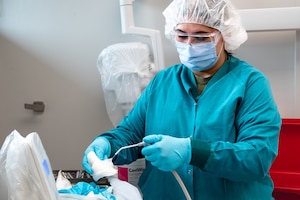 U.S. Air Force Senior Airman Gabriella Benavides, 35th Medical Group oral preventative assistant, waters a gauze during tracer observation training at Misawa Air Base, Japan, April 16, 2026.