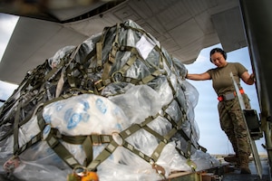 Airman push a pallet of cargo.