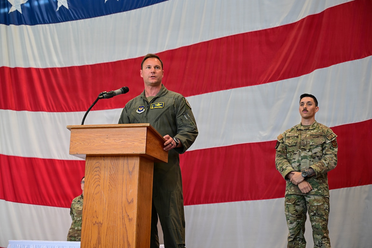 U.S. Air Force Col. Beau Diers, 31st Fighter Wing commander, gives closing remarks during the 31st FW 1st Quarter Awards ceremony at Aviano Air Base, Italy, April 24, 2026.