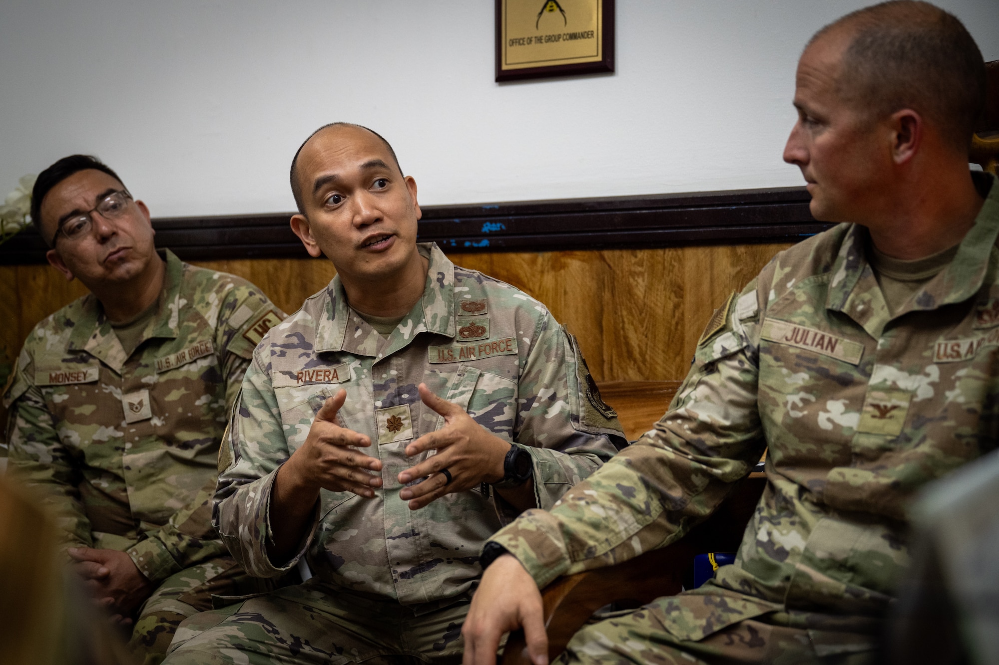 U.S. Air Force Capt. Joseph Jun, 21st Air Expeditionary Wing chaplain, greets Philippine Air Force Airmen assigned to the 600th Air Base Group during Exercise Balikatan 2026 at Clark Air Base, Philippines, April 21, 2026. The 21st AEW is trained and equipped to provide humanitarian and civic assistance for local Filipino communities. (U.S. Air Force photo by Airman 1st Class Adrien Tran)