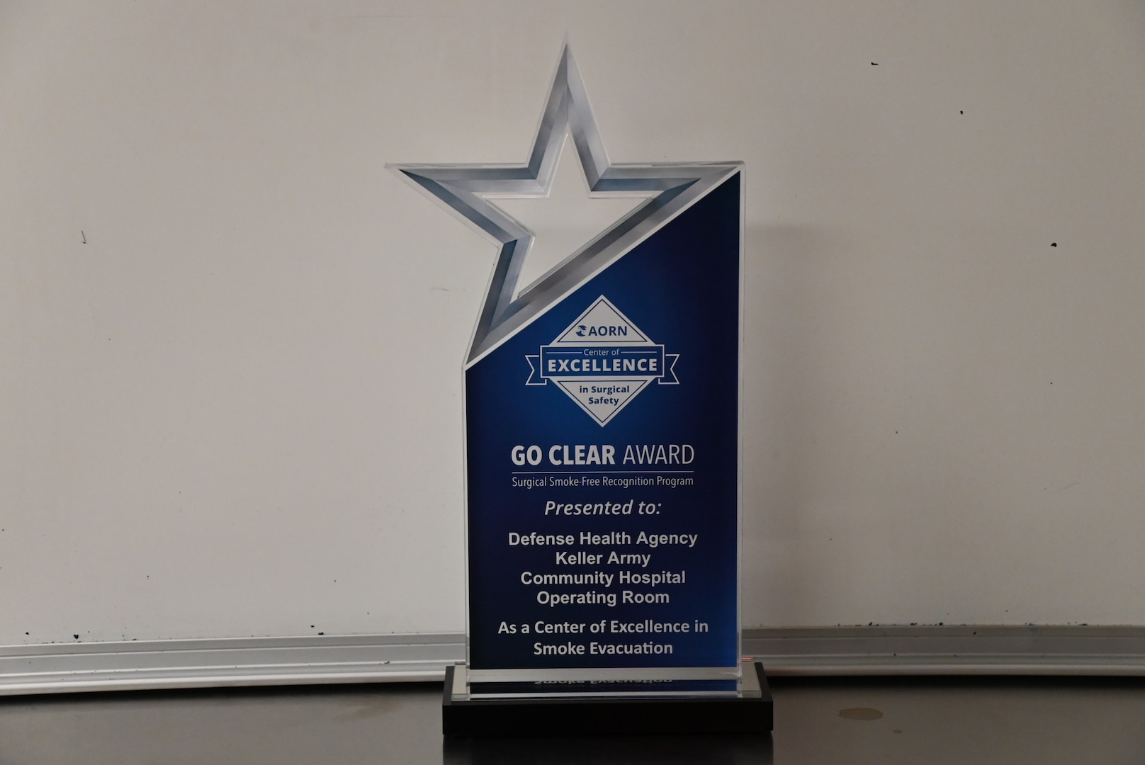 The Association of periOperative Registered Nurses (AORN) ‘Go Clear Award’ awarded to the Keller Army Community Hospital Operating Room. Keller recognizes the significant health risks to those exposed to surgical smoke and importance of eliminating this risk and has taken proactive steps to ensure a smoke-free surgical environment.