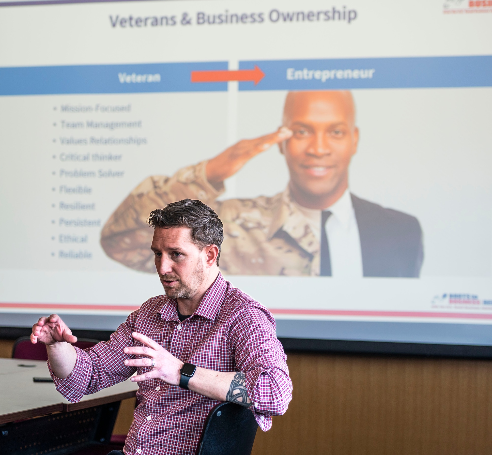 A representative from Veterans Business Outreach Center of New England, facilitates a module during the Boots to Business workshop at Pease Air National Guard Base, New Hampshire, April 9-10, 2026.