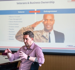 A representative from Veterans Business Outreach Center of New England, facilitates a module during the Boots to Business workshop at Pease Air National Guard Base, New Hampshire, April 9-10, 2026.
