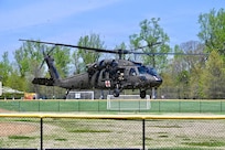 A UH-60L medevac helicopter assigned to the D.C. Army National Guard Aviation Battalion lands near the Uniformed Services University of the Health Sciences during a training exercise in Bethesda, Maryland, on April 10, 2026.