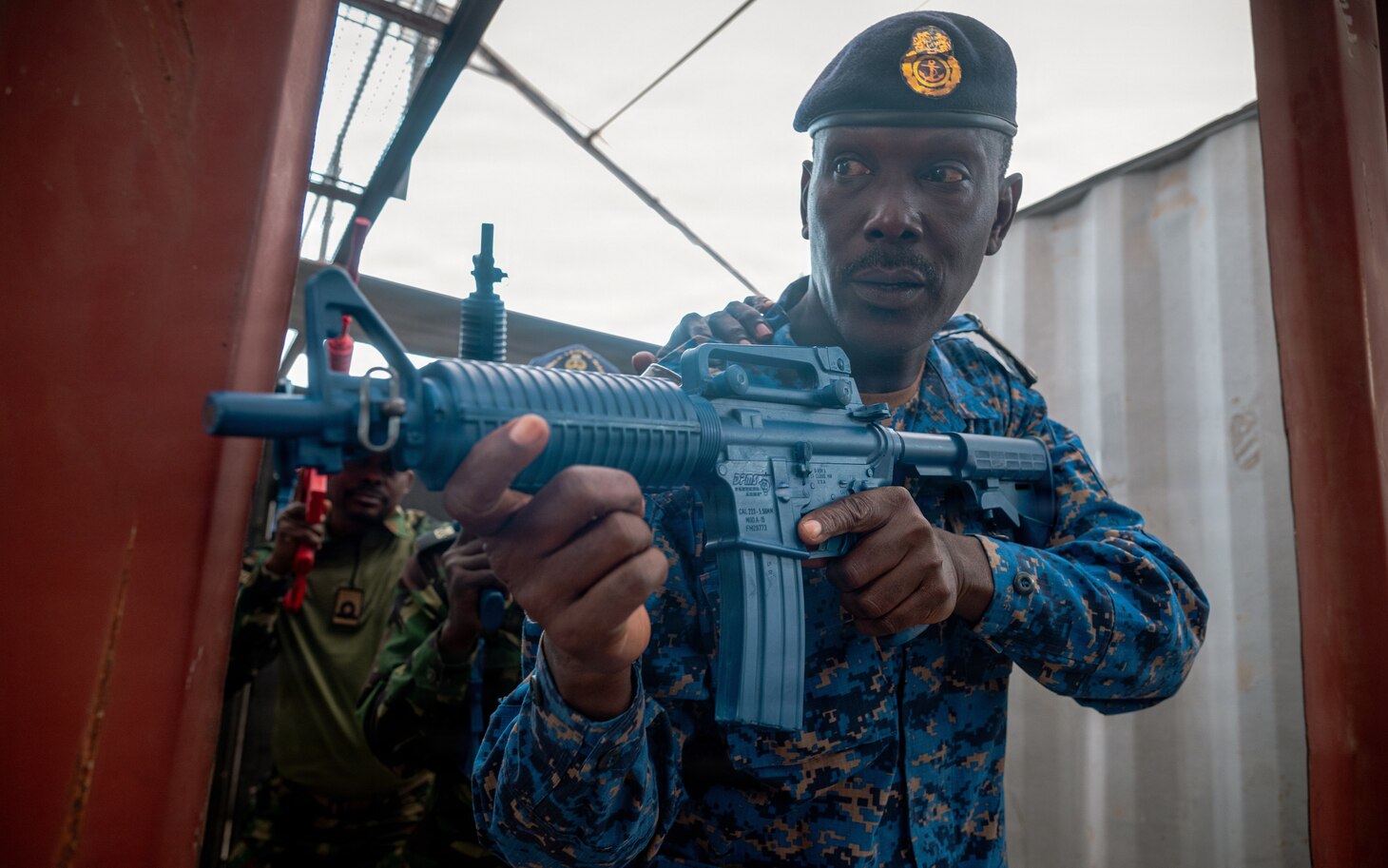 A member of the Gambian Navy practices close quarters battle techniques as part of exercise Obangame Express (OE) 2026 at La Base Militaire de Bel Air, Senegal, April 21, 2026.