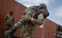 Exercise Obangame Express (OE) 2026 participants practice tactical combat casualty care techniques at La Base Militaire de Bel Air, Senegal, April 21, 2026.