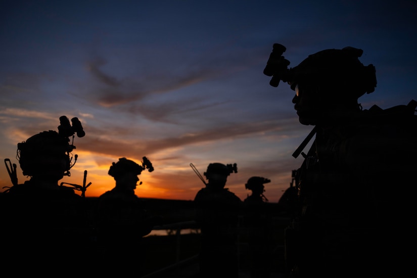 A silhouette of people wearing combat gear is shown against a sunset.