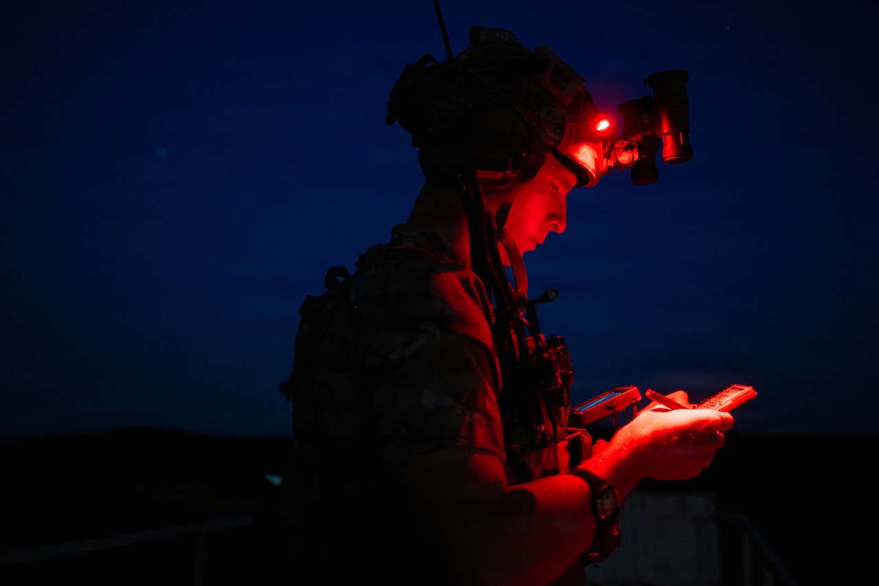 A man wearing combat gear looks at a hand-held device while standing in the dark using only the red light coming from his helmet to illuminate his hands.