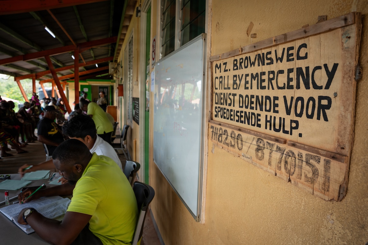 Surinamese patients wait to be seen during a Lesser Antilles Medical Assistance Team (LAMAT) 2026 mission at Medische Zending Primary Health Care Center in Brownsweg, Suriname, April 16, 2026. U.S. Air Force medical personnel provided dental, optometry and primary care services in support of high patient volumes, improving access to care while enhancing readiness and strengthening regional partnerships. (U.S. Air Force photo by Staff Sgt. Joshua Hastings)