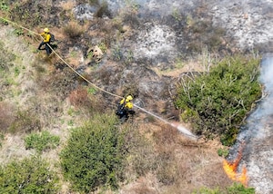 Two fire fighters are seen from the air attacking a fire with a hose and water in what looks like tall grass and scrubby trees.