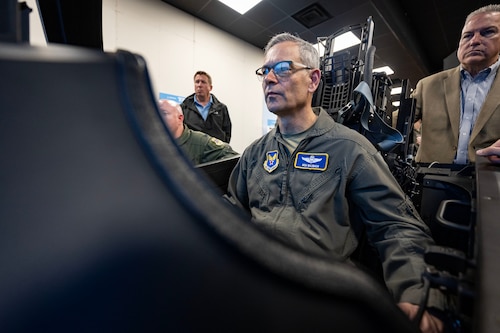 U.S. Air Force Chief of Staff Gen. Ken Wilsbach flies the T-7A Red Hawk on a Ground-Based Training System during his Joint Base San Antonio immersion tour at JBSA-Randolph, Texas, April 22, 2026. Wilsbach are touring the 12th Flying Training Wing during his JBSA tour to examine the Wing’s capabilities to contribute to the generation of airpower and to empower Airmen to innovate.