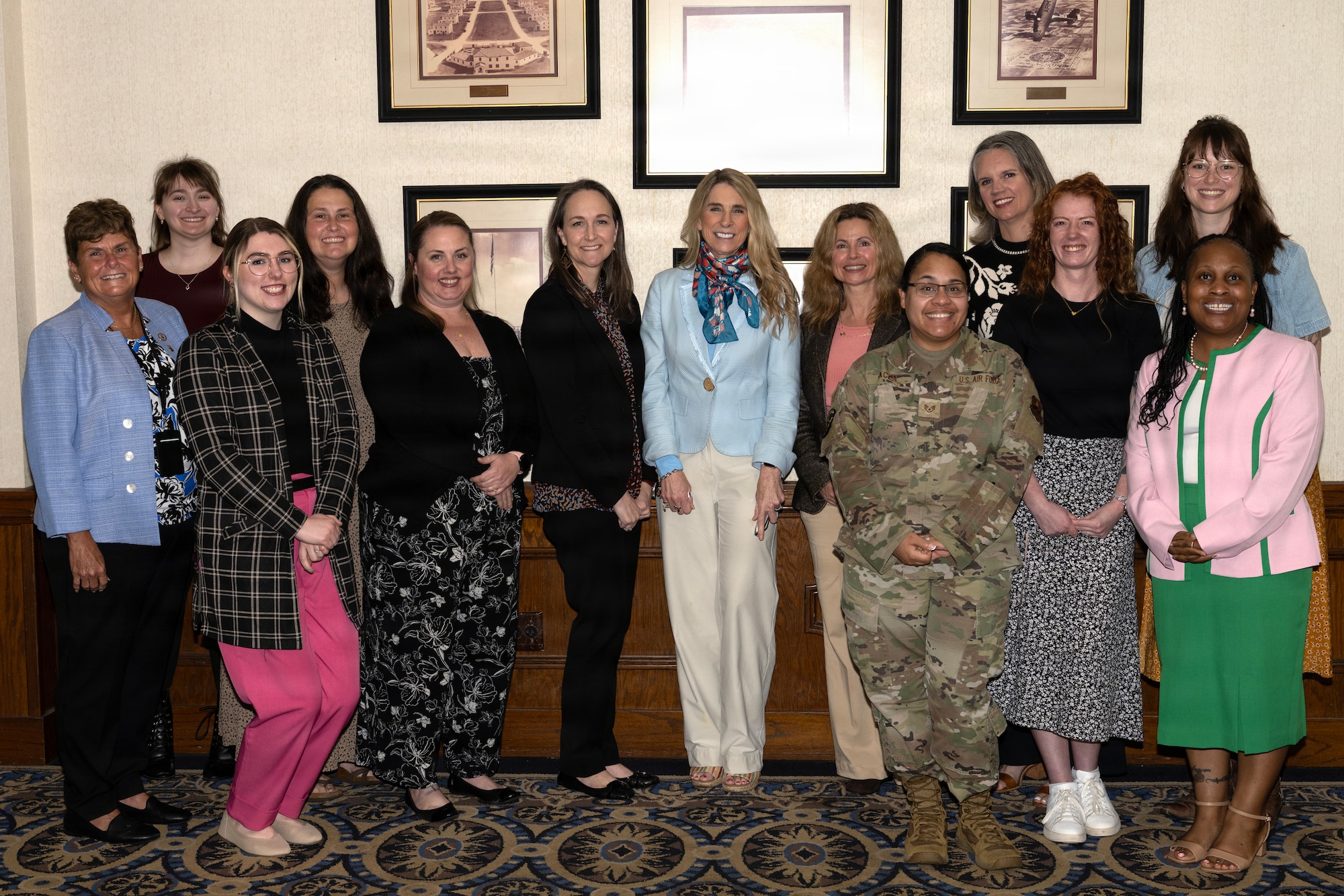 Cindy Wilsbach, wife of Air Force Chief of Staff Gen. Ken Wilsbach, gathers with Key Support Liaisons during a luncheon at the Parr Club, Joint Base San Antonio-Randolph, Texas, April 22, 2026. The lunch provided an opportunity to discuss community support programs and the vital role of volunteers in supporting military families.