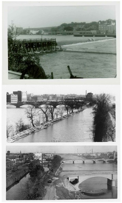 Three black and white historical photographs showing Grand River with rapids, dam structure, and channel