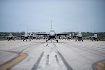 U.S. Air Force F-16 Fighting Falcons, assigned to the Ohio National Guard’s 180th Fighter Wing, conduct an “Elephant Walk” as the final exercise during an Air Combat Command Combat Readiness Inspection, April 26, 2026, in Swanton, Ohio.