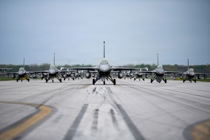 U.S. Air Force F-16 Fighting Falcons, assigned to the Ohio National Guard’s 180th Fighter Wing, conduct an “Elephant Walk” as the final exercise during an Air Combat Command Combat Readiness Inspection, April 26, 2026, in Swanton, Ohio.