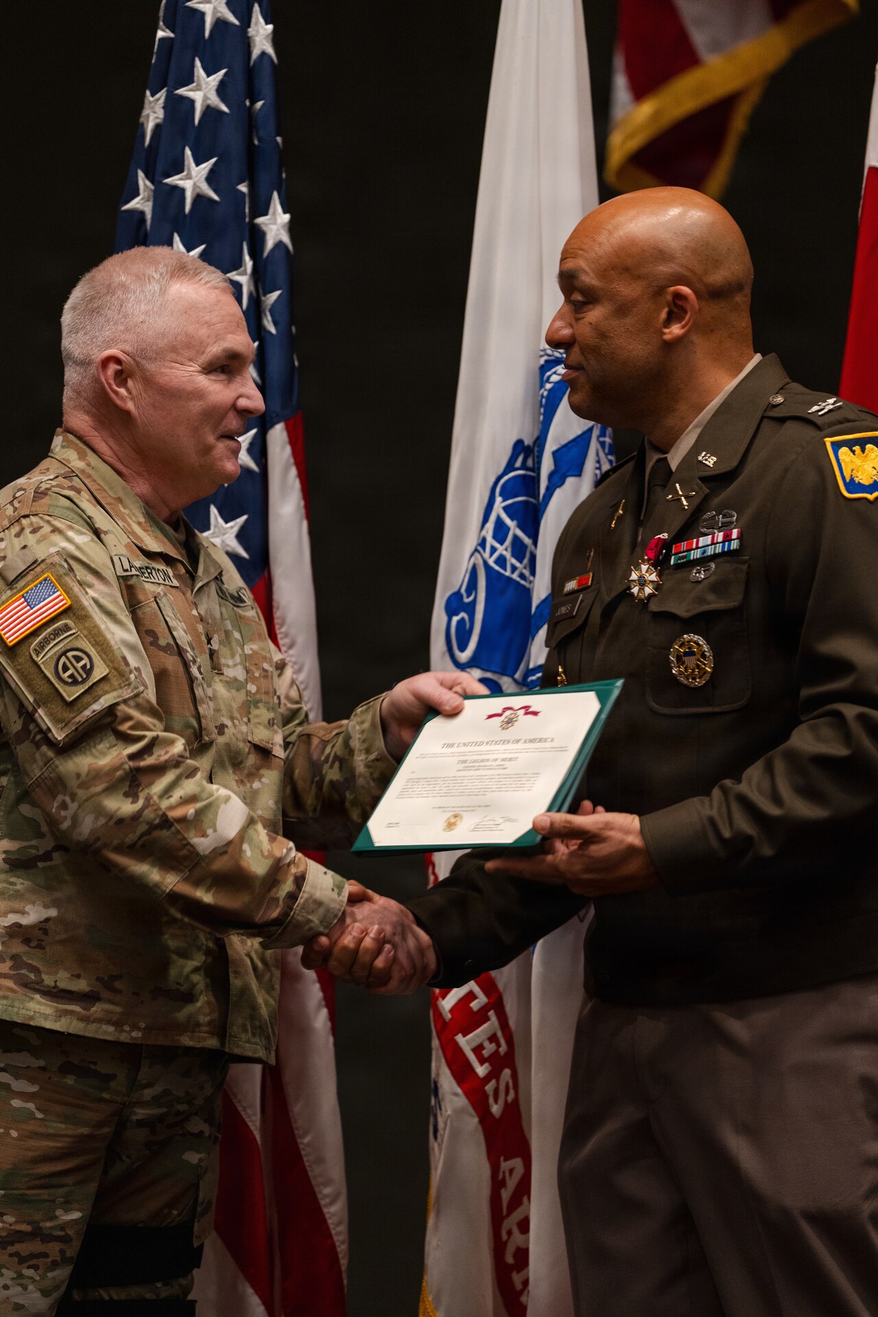 Maj. Gen. Hal Lamberton, adjutant general of Kentucky, presents the Legion of Merit to Brig. Gen. Franklin “Shaune” Jones during a promotion ceremony at the National Guard Memorial Museum in Washington, April 3, 2026.