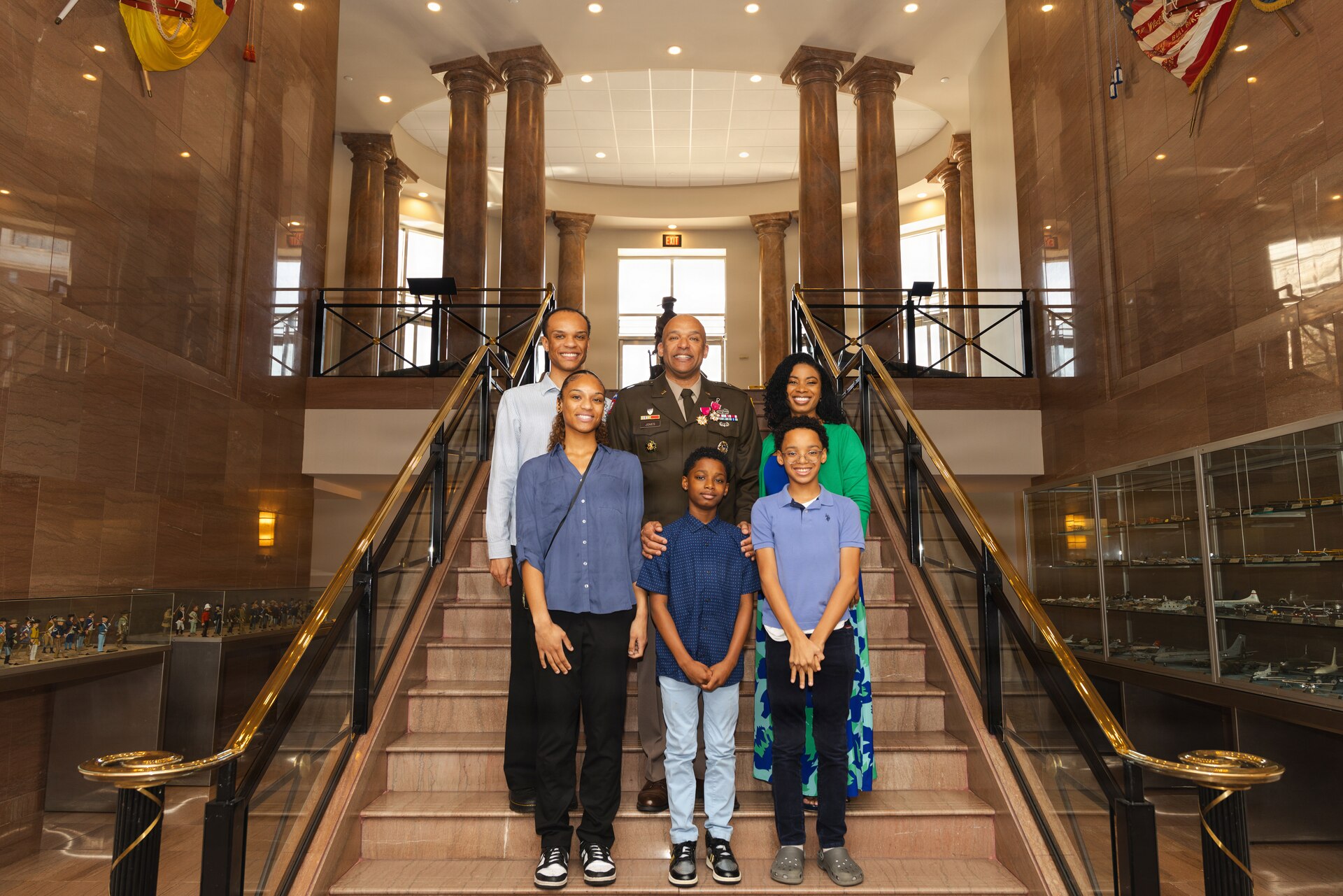 Brig. Gen. Franklin “Shaune” Jones stands with his wife, Raven, and children Malcolm, Danielle, Asher and Austin following his promotion ceremony at the National Guard Memorial Museum in Washington, April 3, 2026.