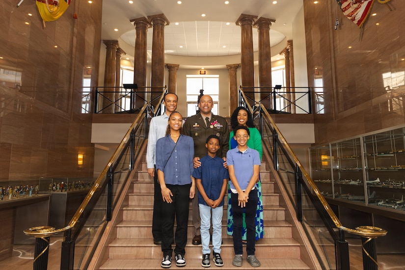 Brig. Gen. Franklin “Shaune” Jones stands with his wife, Raven, and children Malcolm, Danielle, Asher and Austin following his promotion ceremony at the National Guard Memorial Museum in Washington, April 3, 2026.