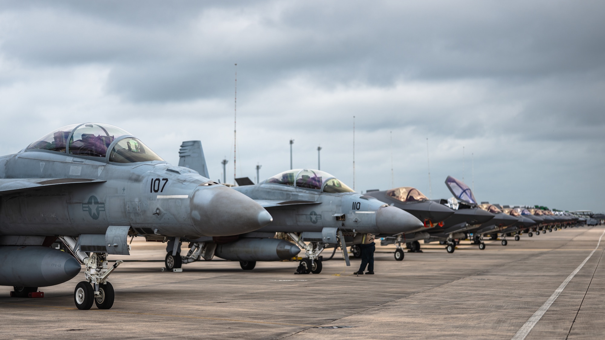 U.S. Air Force and Navy aircraft sit on the flightline at Tyndall Air Force Base, Florida, during Checkered Flag 26-2, April 28, 2026.