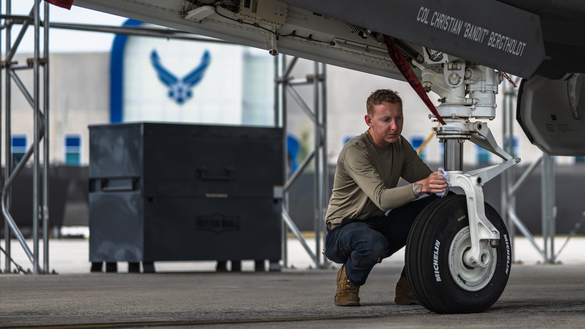 U.S. Air Force Staff Sgt. Garrett Smith, 95th Fighter Generation Squadron dedicated crew chief, performs pre-flight maintenance on an F-35A Lightning II assigned to the 95th Fighter Squadron at Tyndall Air Force Base, Florida, during Checkered Flag 26-2, April 28, 2026.