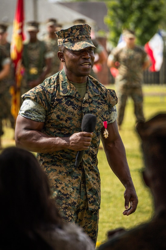 U.S. Marine Corps Sgt. Maj. Kabiru Labaran, outgoing sergeant major, Headquarters Battalion, Marine Forces Reserve, Marine Forces South, gives a speech during a relief and appointment ceremony at Marine Corps Support Facility New Orleans, Apr. 24. 2026. During the ceremony, Labaran relinquished his duties to Sgt. Maj. Roberto Sim, Headquarters Battalion, Marine Forces Reserve, Marine Forces South. (U.S. Marine Corps photo by Lance Cpl. Edward Spears)