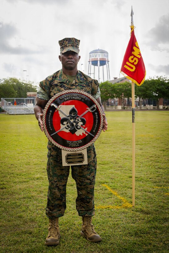 U.S. Marine Corps Sgt. Maj. Kabiru Labaran, outgoing sergeant major, Headquarters Battalion, Marine Forces Reserve, Marine Forces South, poses for a photo after a relief and appointment ceremony at Marine Corps Support Facility New Orleans, Apr. 24. 2026. Labaran relinquished his duties to Sgt. Maj. Roberto Sim, incoming sergeant major, Headquarters Battalion, Marine Forces Reserve, Marine Forces South. (U.S. Marine Corps photo by Lance Cpl. Edward Spears)