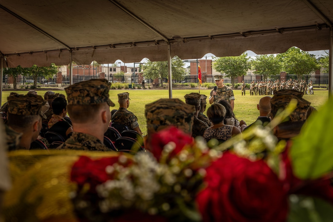 U.S. Marine Corps Col. Anthony Sferrazza, commanding officer, Headquarters Battalion, Marine Forces Reserve, Marine Forces South, gives a speech during a relief and appointment ceremony at Marine Corps Support Facility New Orleans, Apr. 24. 2026. During the ceremony, Sgt. Maj. Kabiru Labaran relinquished his duties to Sgt. Maj. Roberto Sim, Headquarters Battalion, Marine Forces Reserve, Marine Forces South. (U.S. Marine Corps photo by Lance Cpl. Edward Spears)