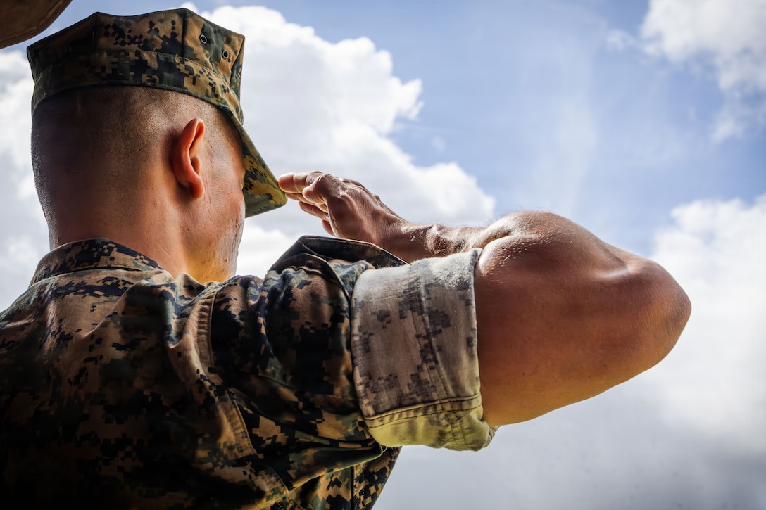 U.S. Marine Corps Sgt. Maj. Roberto Sim, incoming sergeant major, Headquarters Battalion, Marine Forces Reserve, Marine Forces South, salutes the colors during a relief and appointment ceremony at Marine Corps Support Facility New Orleans, Apr. 24. 2026. During the ceremony, Sgt. Maj. Kabiru Labaran relinquished his duties to Sim. (U.S. Marine Corps photo by Lance Cpl. Edward Spears)