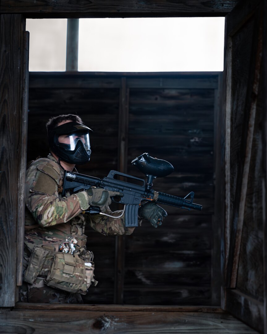 An Oklahoma Army National Guard Soldier clears a building during Oklahoma Battlefield Resilience Camp at Camp Gruber Training Center near Braggs, Okla., April 23, 2026. The new training exercise bridges classroom-based resilience training with real-world application, immersing Soldiers in high-stress scenarios to build mental agility, discipline and operational effectiveness. (Oklahoma National Guard photo by Sgt. Danielle Rayon)