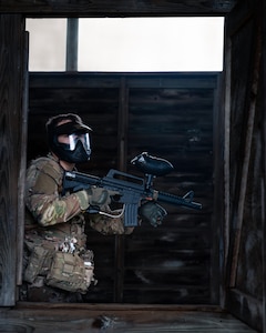 An Oklahoma Army National Guard Soldier clears a building during Oklahoma Battlefield Resilience Camp at Camp Gruber Training Center near Braggs, Okla., April 23, 2026. The new training exercise bridges classroom-based resilience training with real-world application, immersing Soldiers in high-stress scenarios to build mental agility, discipline and operational effectiveness. (Oklahoma National Guard photo by Sgt. Danielle Rayon)