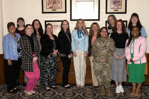 Cindy Wilsbach, wife of Air Force Chief of Staff Gen. Ken Wilsbach, gathers with Key Support Liaisons during a luncheon at the Parr Club, Joint Base San Antonio-Randolph, Texas, April 22, 2026. The lunch provided an opportunity to discuss community support programs and the vital role of volunteers in supporting military families.