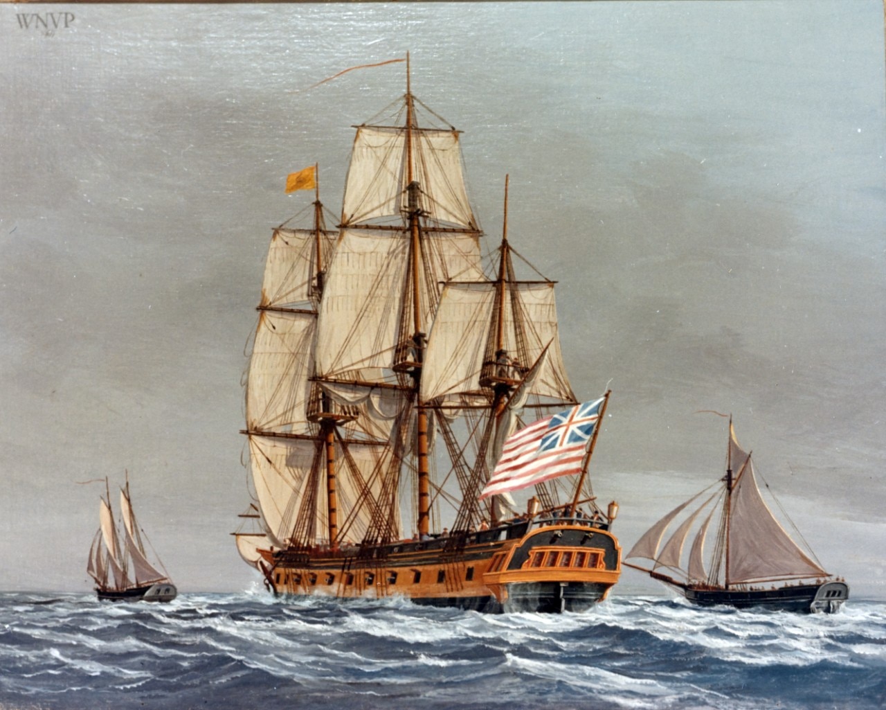 A painting depicting a large ship in the ocean flying an early version of an American flag as two smaller ships float on either side of it.
