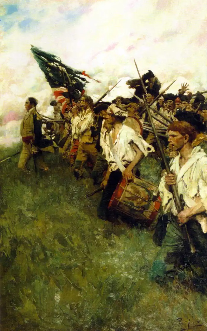Colonial soldiers carrying long guns, a flag and drums march across a field.