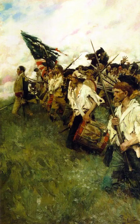 Colonial soldiers carrying long guns, a flag and drums march across a field.