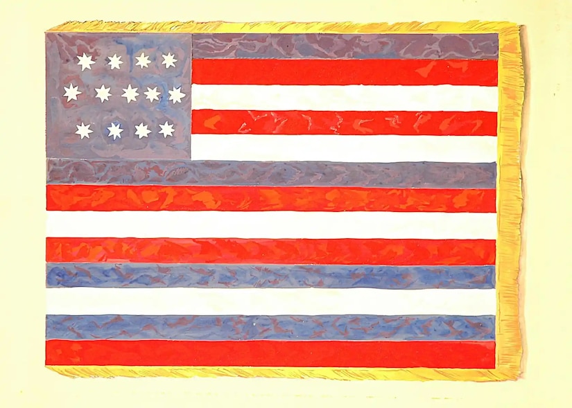 A graphic depicting an early version of an American flag with blue, red and white and rows of 13 stars on a blue field.