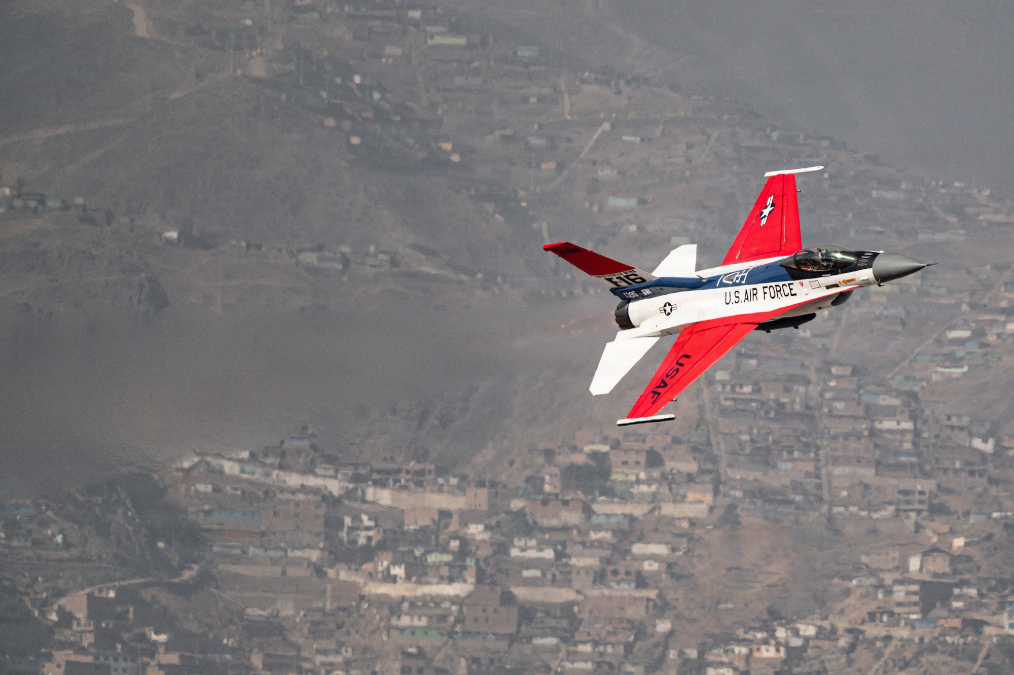 U.S. Air Force Maj. Taylor “FEMA” Hiester, F-16 Viper Demonstration Team commander and pilot, flies a U.S. Air Force F-16C Fighting Falcon over Las Palmas Air Base, Peru, April 22, 2026. The team will perform an acrobatic airshow at the Peru Airshow 2026, strengthening the enduring partnership between the United States and Peru. (U.S. Air Force photo by Staff Sgt. Steven Cardo)