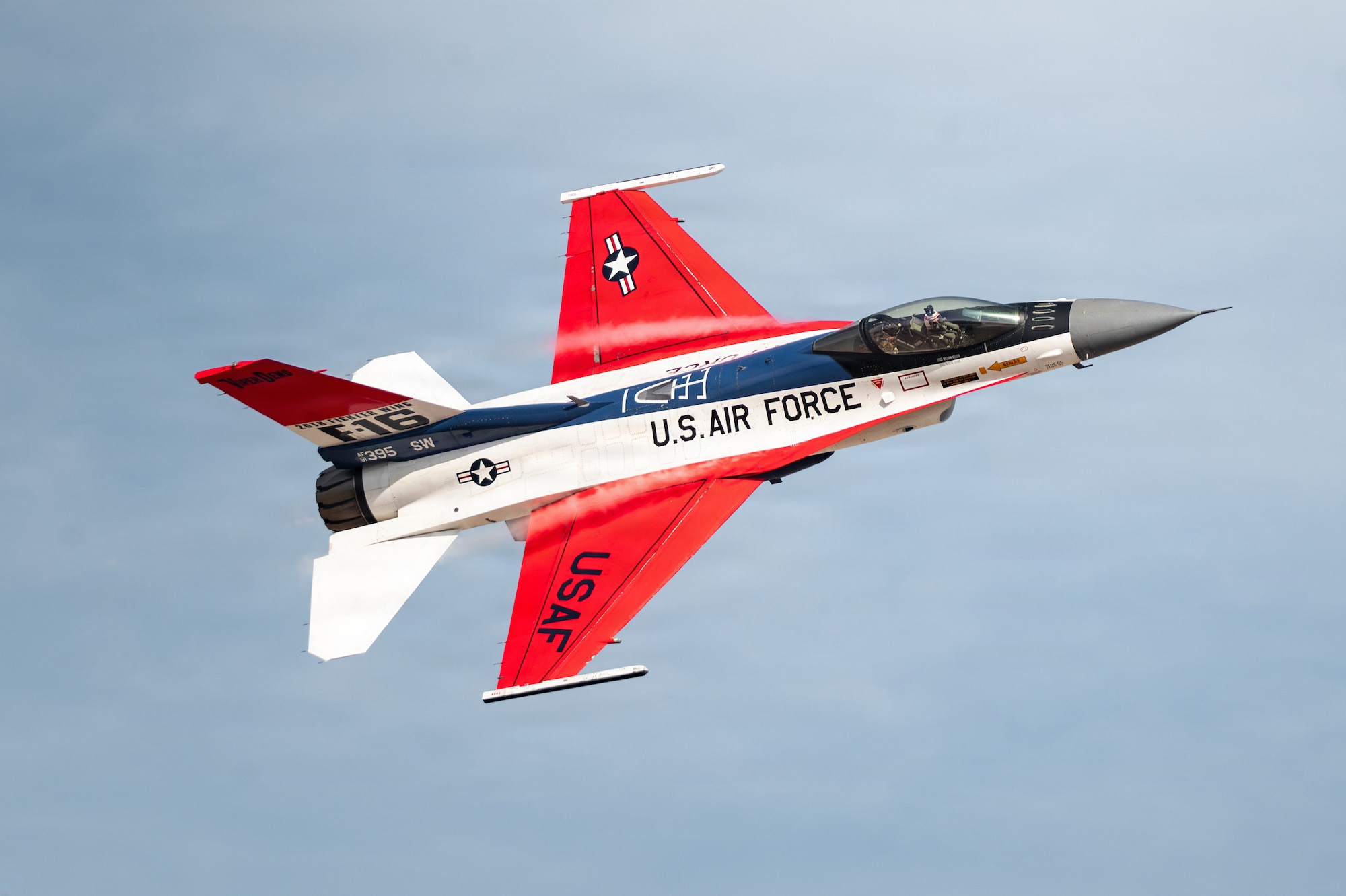 U.S. Air Force Maj. Taylor “FEMA” Hiester, F-16 Viper Demonstration Team commander and pilot, flies a U.S. Air Force F-16C Fighting Falcon over Las Palmas Air Base, Peru, April 22, 2026. The F-16 is a multi-role fighter aircraft capable of air-to-air and air-to-ground combat operations. (U.S. Air Force photo by Staff Sgt. Steven Cardo)